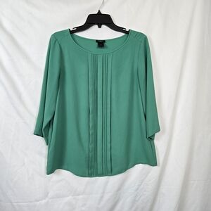 Ann Taylor Women's Emerald Green 3/4 Sleeve Pleated Chiffon Career Blouse Medium